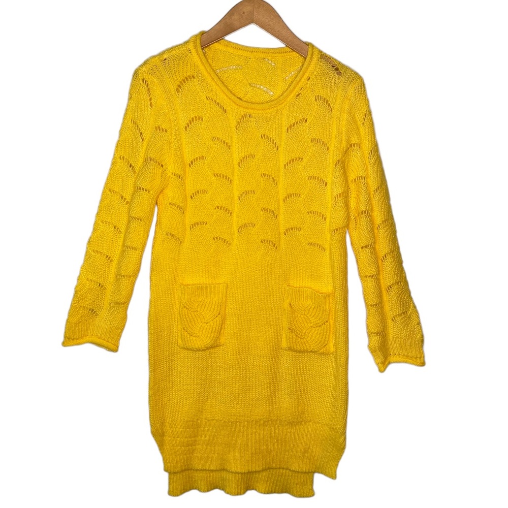 Yellow Chunky Open Knit Round Neck Front Pocket Tunic/Dress